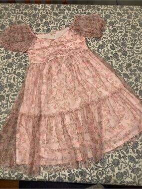 Girls' Pink Floral Layered Tulle Dress with Puff Sleeves